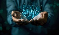 Digital hologram of glowing blue figures floating above business person's hands, representing human resources, networking and team management concept for corporate design.