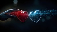 Red and blue glowing heart shapes with geometric wireframe structure connected by energy streams against dark background, symbolizing digital love connection.