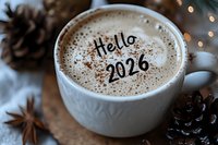 Frothy cappuccino with Hello 2026 message in cocoa powder, surrounded by pine cones and warm lights for New Year celebration and holiday greeting cards.