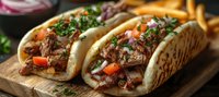 Mexican street tacos with tender pulled beef, fresh cilantro, diced onions and tomatoes served on corn tortillas with french fries on rustic wooden board, close up view.