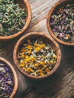 Assorted dried herbs and flowers in wooden bowls on dark wooden surface. Natural healing herbs collection with calendula, lavender and green tea leaves.
