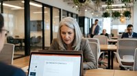 Mature woman with long gray hair and light complexion, wearing casual business attire, reviewing growth strategy document on laptop during office meeting in modern workplace with glass partitions and colleagues in background.