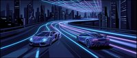 Futuristic neon cars racing on glowing highway through digital cityscape at night, cyberpunk technology concept for automotive and sci-fi designs.