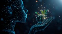Glowing blue particle profile holds luminous sprouting plant in cosmic space, representing growth, technology and environmental sustainability concept.