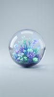 Transparent glass sphere containing vibrant underwater coral reef scene with blue and green marine plants on neutral background for design projects.