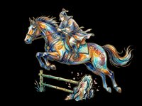 Ancient Asian warrior in armor riding a leaping horse over bamboo fence, isolated on transparent background, ready for t-shirt, sticker, and print on demand use.