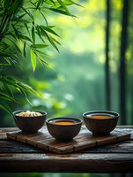 Fresh tea ceremony with ceramic bowls on bamboo mat against lush green bamboo forest background, creating tranquil Asian zen atmosphere.