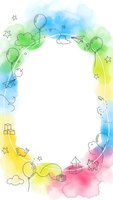 Colorful watercolor frame with balloons, clouds, stars and paper planes on white background for children party invitations and greeting cards.