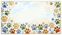 Colorful paw prints frame border with watercolor style paws in blue, orange, green and red on white background. Isolated design element for pet-related projects, greeting cards, invitations and animal-themed stationery.