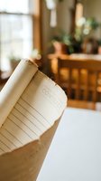 Open notebook with lined pages in warm home office setting with wooden furniture and natural lighting for productivity and writing concepts.