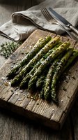 Roasted asparagus spears with garlic and herbs on rustic wooden cutting board, styled with linen napkin and cutlery for food photography and culinary content.