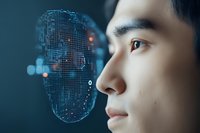 Asian man in profile facing digital wireframe face with glowing points, representing facial recognition or AI technology interface.