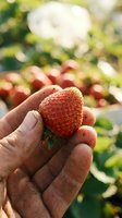 Fresh ripe strawberry held in farmer's hand with blurred strawberry field background. Organic fruit harvest concept for healthy eating and agriculture.