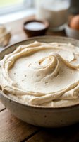 Creamy peanut butter spread in ceramic bowl with swirled texture, baking ingredients and utensils visible in background for cooking and recipe content.