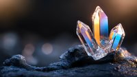 Glowing crystal cluster with iridescent rainbow aura emerges from dark rocky surface, illuminated against blurred background creating magical mineral formation.