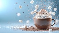 Hot chocolate drink with flying marshmallows, whipped cream and cocoa powder splash against blue background, dynamic food photography composition.