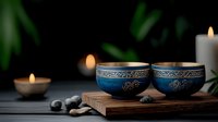 Zen meditation setup with blue ceramic bowls, burning candles, stones and wooden board creating peaceful spa atmosphere for relaxation and mindfulness practice.