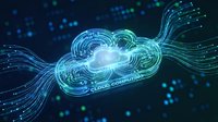 Glowing digital cloud computing symbol with circuit board lines and data streams on dark blue tech background.