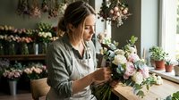 Florist woman arranging fresh flowers in vase at wooden table in bright studio with hanging plants and blooms, creating floral bouquet for events, weddings, or retail flower shop business.