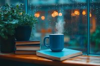 Steaming coffee mug on books near rainy window with bokeh lights and potted plant, creating cozy atmospheric mood for relaxation and reading time period.