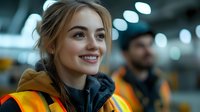 Young Caucasian female construction worker wearing safety vest and hoodie smiling at industrial workplace with blurred coworker in background. Focus on positive workplace mood.
