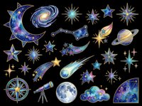 Celestial astronomy elements collection featuring crescent moons, stars, planets, comets, and constellations isolated on transparent background. Ready for t-shirt designs, clipart, stickers, sublimation, and print-on-demand projects.
