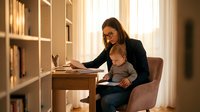 Professional businesswoman with baby working from home office, multitasking mother balancing career and childcare in modern workspace with natural lighting.
