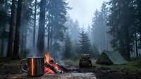 Cozy campfire scene with metal mug and tent in misty forest. Outdoor adventure camping setup among tall pine trees creates peaceful wilderness atmosphere.