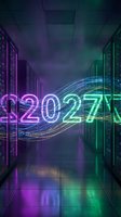 Neon 2027 glowing text with flowing light waves in futuristic server room with purple and green illuminated server racks, representing technology innovation and digital future.