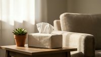 Tissue box on wooden table next to beige sofa in bright living room with natural sunlight streaming through window creating warm atmosphere for home comfort.