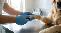 Veterinarian in blue gloves examining golden retriever dog paw during medical checkup at modern animal clinic for pet healthcare and treatment.