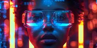 Futuristic cyberpunk portrait featuring glowing digital glasses with data reflection, neon lighting and vibrant red and blue color scheme perfect for tech and AI concepts.
