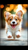 Joyful Papillon puppy jumping with excitement against blurred warm bokeh background, showing happy expression with tongue out and paws forward.