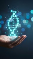 Hand holding glowing DNA helix with cyan particles and bokeh lights on dark background. Suitable for genetics, biotechnology, medical research, and science education.