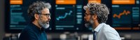 Two mature businessmen with gray hair and beards engaged in intense discussion against background of financial trading screens showing market data and graphs.
