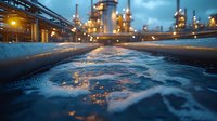 Industrial pipeline with flowing liquid at dusk, illuminated refinery infrastructure in background, dramatic perspective of water movement and industrial lights.