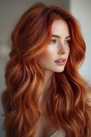 Young Caucasian woman with flowing copper red wavy hair and blue eyes looking away thoughtfully. Natural makeup and soft lighting create romantic mood for beauty and fashion.