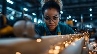 Young African American female welder in protective glasses focused on metalwork with bright sparks flying in industrial workshop setting. Dark atmospheric manufacturing environment.