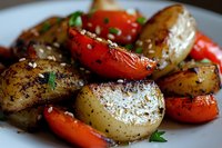 Roasted potatoes and red peppers with herbs and sesame seeds on white plate, suitable for food blogs, recipes, and culinary publications.