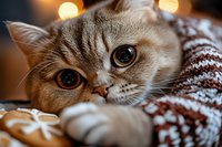 Adorable tabby kitten with big eyes wrapped in cozy knitted blanket during golden hour. Warm domestic scene captures comfort and relaxation at home.