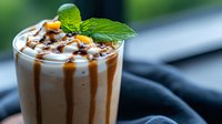 Iced coffee drink with caramel drizzle and whipped cream topped with fresh mint leaves in glass cup on dark surface for cafe menu and beverage advertising.