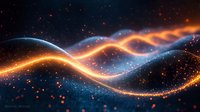 Glowing orange and blue light waves flow through dark space with sparkling particles creating dynamic energy motion effect for technology backgrounds.