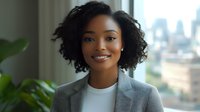 Young African American businesswoman with natural curly hair wearing grey blazer and white top smiling confidently in modern office with city view background.