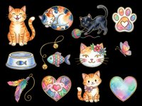 Cute cats and kittens collection with colorful paw prints, fish bowl, heart shapes, and butterfly elements isolated on transparent background. Ready for t-shirt designs, stickers, clipart, and print-on-demand products.