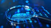 Magnifying glass examining digital fingerprint with binary code background in blue technological lighting, concept of digital security and biometric scanning.