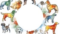 Watercolor dog breeds circle frame with copy space for pet services, veterinary clinic designs, animal lover greeting cards and canine themed projects.