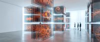 Modern art gallery interior with glowing digital brain displays and neural network visualizations on transparent screens for technology exhibitions.