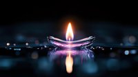 Glowing candle flame reflected in water surface with purple and blue light effects creating magical atmosphere against dark background with bokeh lights.