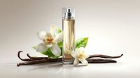 Elegant perfume bottle with vanilla pods and jasmine flowers on neutral background, showcasing luxury fragrance ingredients for cosmetic advertising.