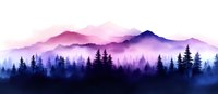 Misty mountain landscape with purple and blue gradient silhouettes of pine forest in foreground, creating atmospheric layered scenery in watercolor style.